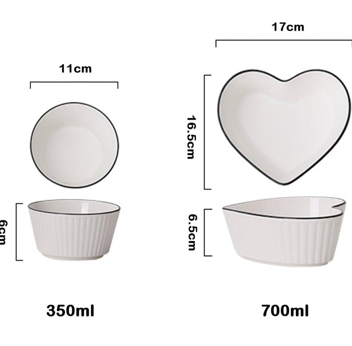 Set Bowl 5 piezas de Cerámica en forma de corazón